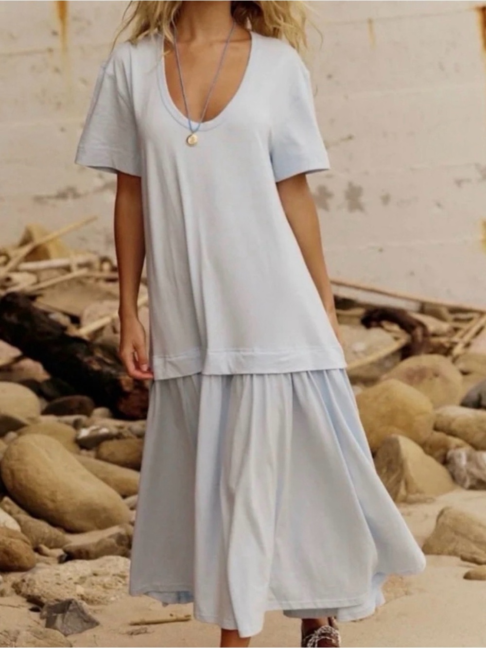 Free People Beach Herron Drop-Waist Maxi Dress, Ballad Blue, Size Medium
